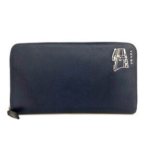 EGA PRADA Logo Boat Saffiano Leather Zip Around Organizer Wallet Blue/5BK0146